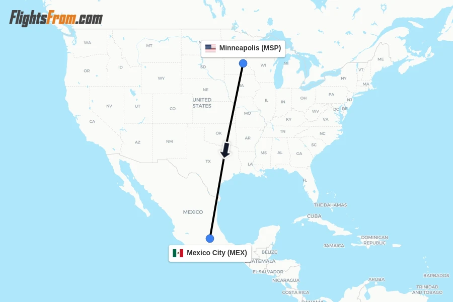 Flights from Minneapolis to Mexico City route map