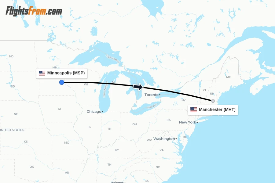 Flights from Minneapolis to Manchester route map