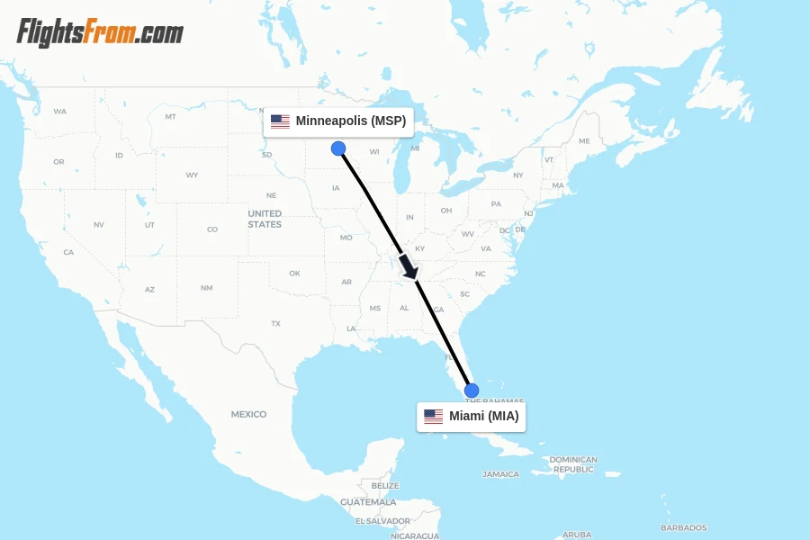 Flights from Minneapolis to Miami route map