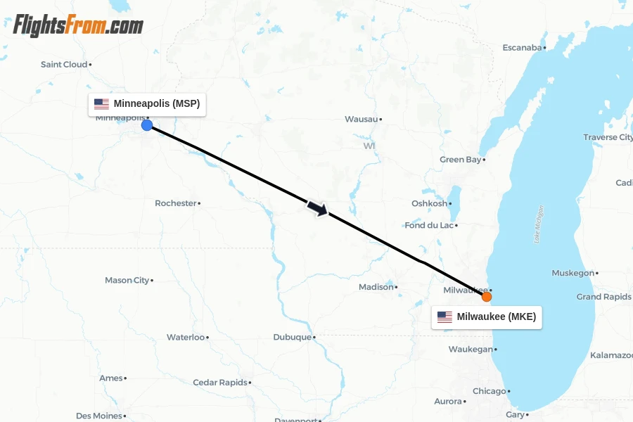 Flights from Minneapolis to Milwaukee route map