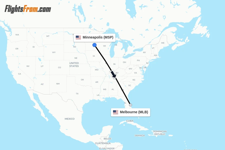 Flights from Minneapolis to Melbourne route map