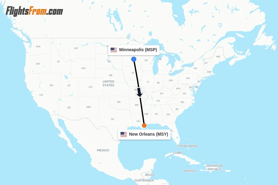 Flights from Minneapolis to New Orleans route map