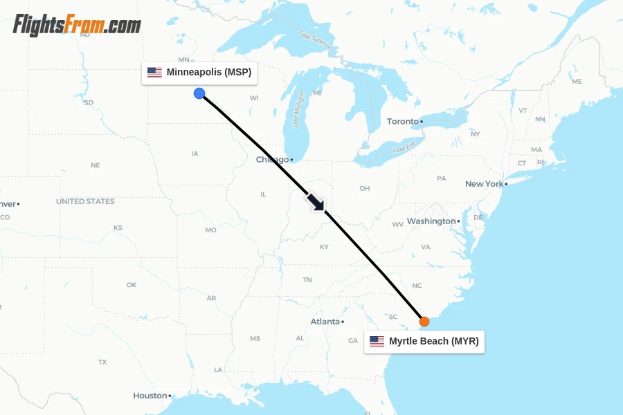 Flights from Minneapolis to Myrtle Beach route map