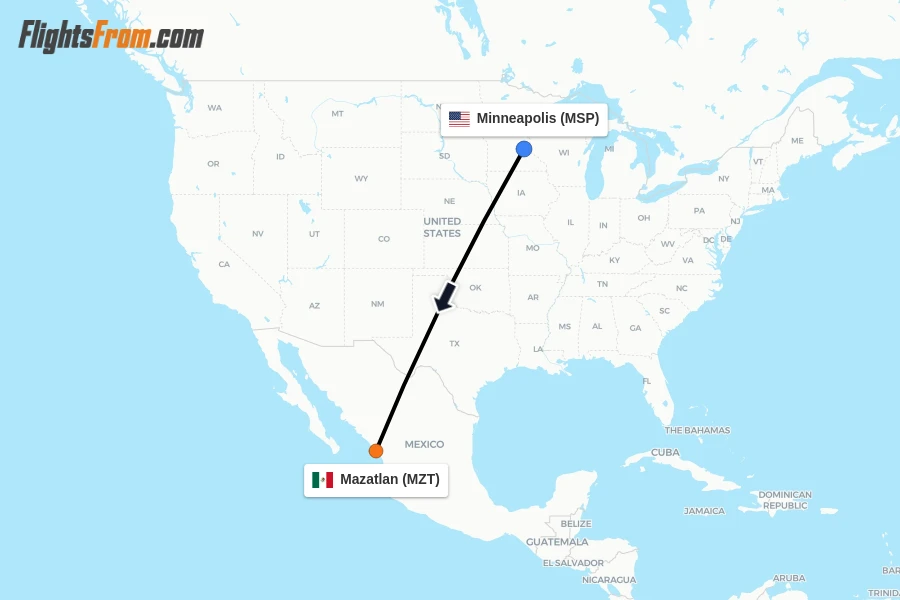 Flights from Minneapolis to Mazatlan route map