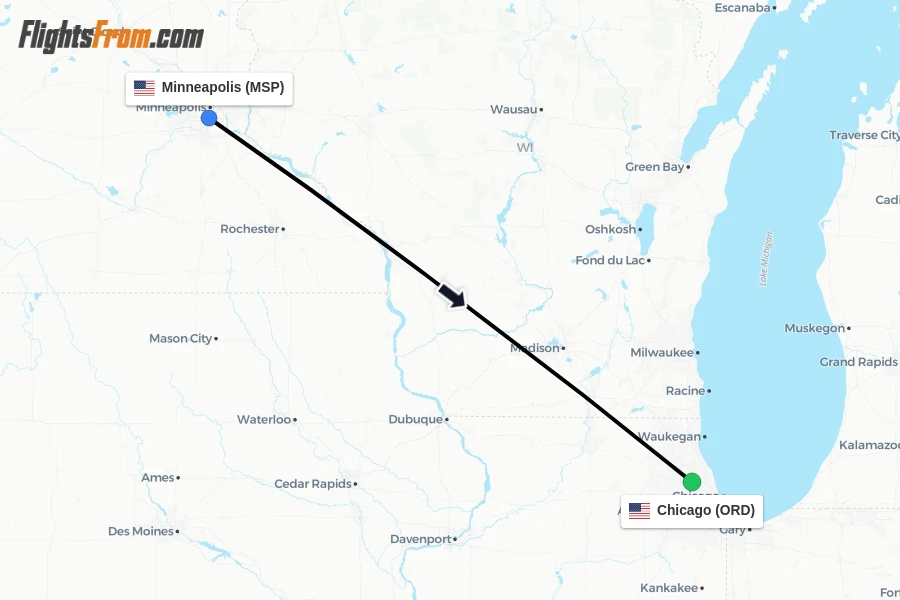 Flights from Minneapolis to Chicago route map
