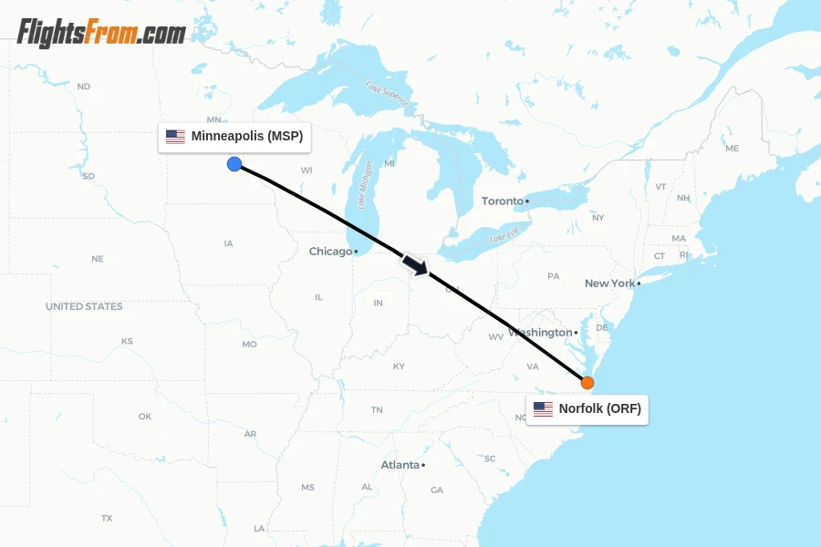 Flights from Minneapolis to Norfolk route map