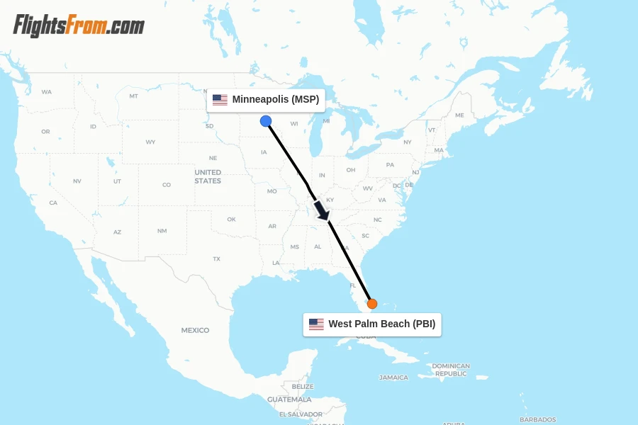Flights from Minneapolis to West Palm Beach route map