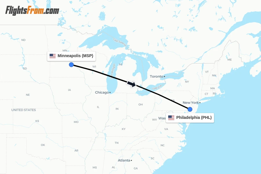 Flights from Minneapolis to Philadelphia route map