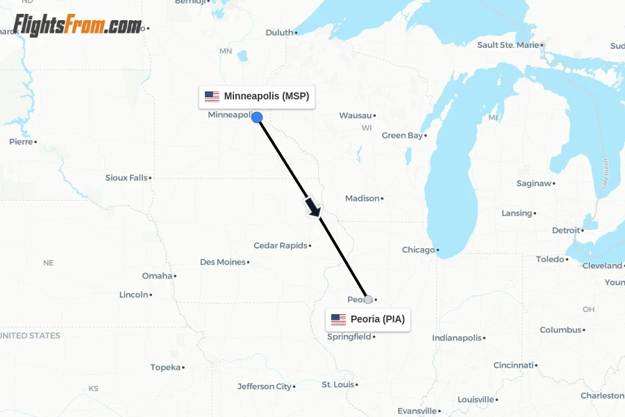 Flights from Minneapolis to Peoria route map