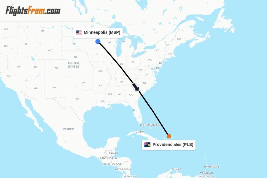 Flights from Minneapolis to Providenciales route map