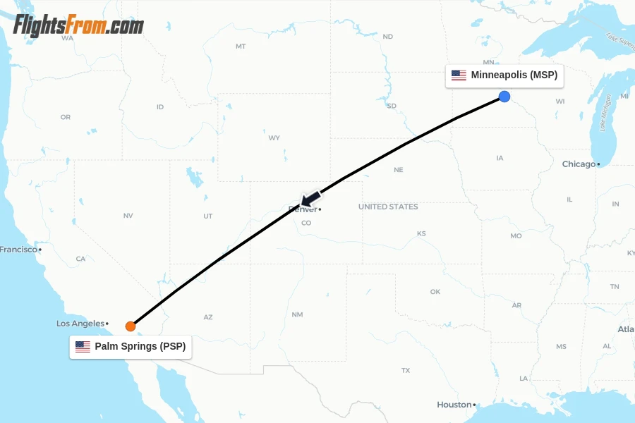 Flights from Minneapolis to Palm Springs route map