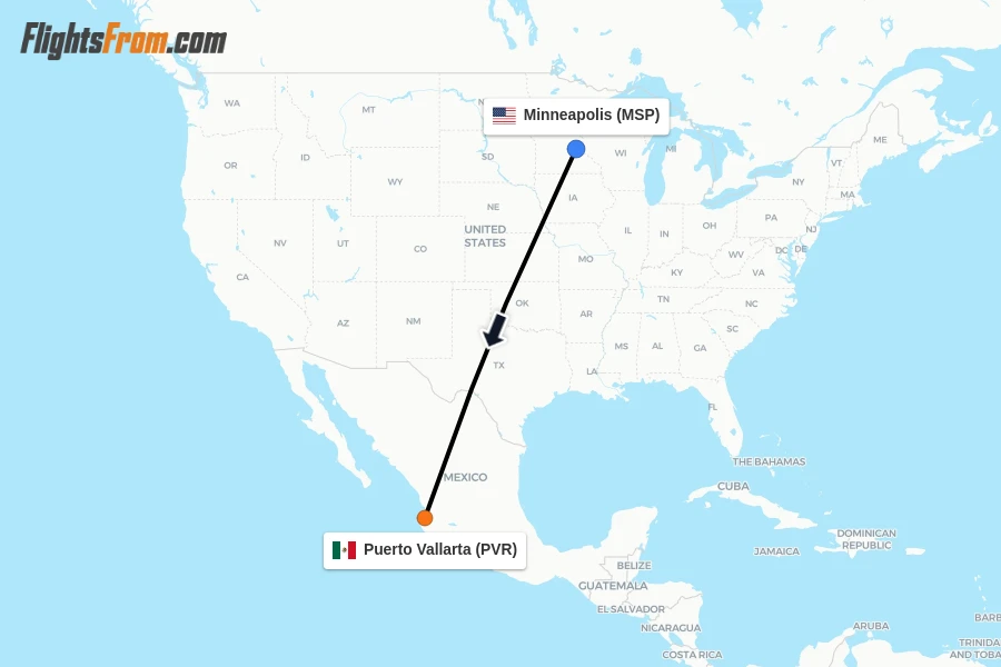Flights from Minneapolis to Puerto Vallarta route map