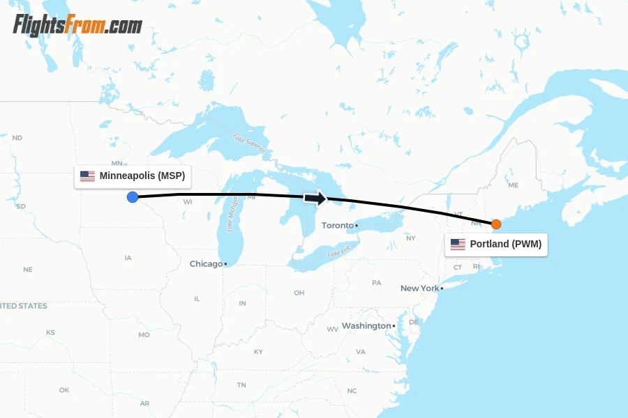 Flights from Minneapolis to Portland route map