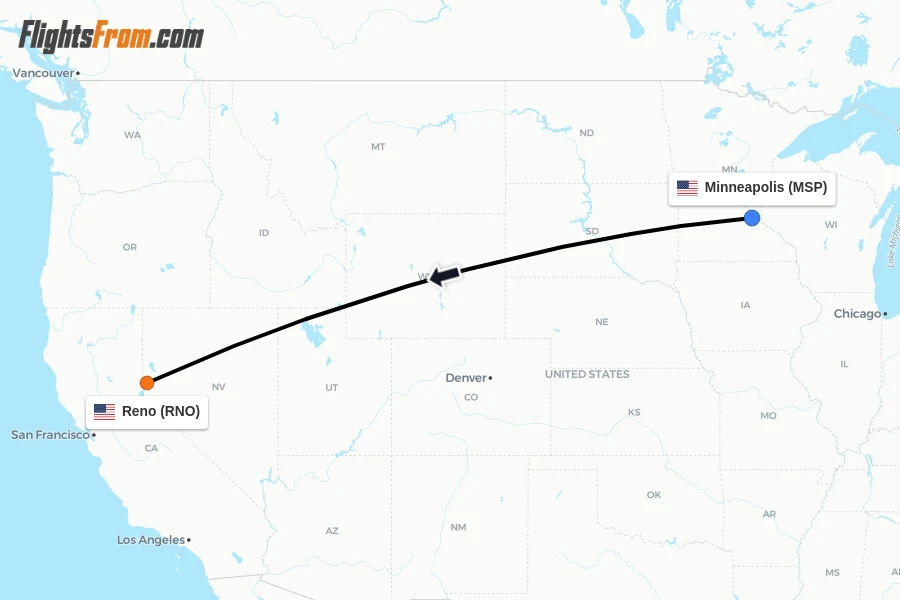 Flights from Minneapolis to Reno route map