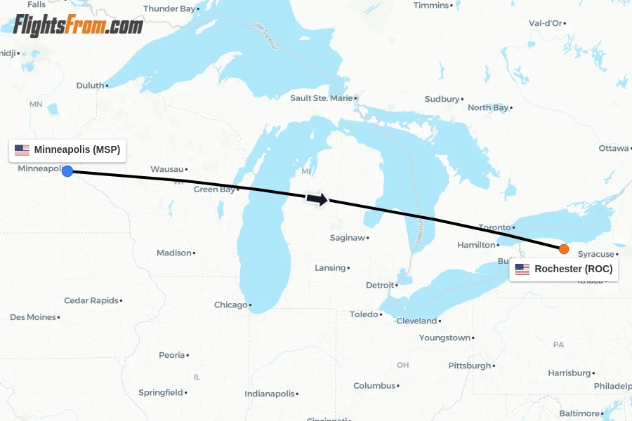 Flights from Minneapolis to Rochester route map