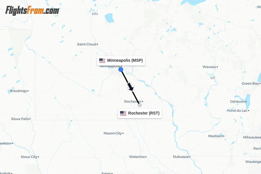 Flights from Minneapolis to Rochester route map