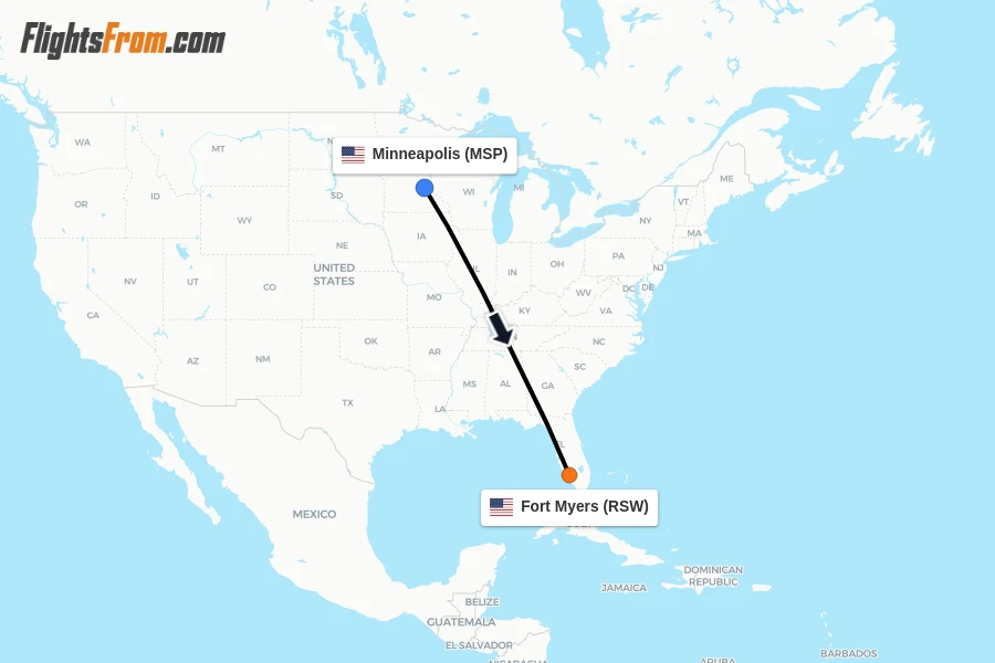 Flights from Minneapolis to Fort Myers route map