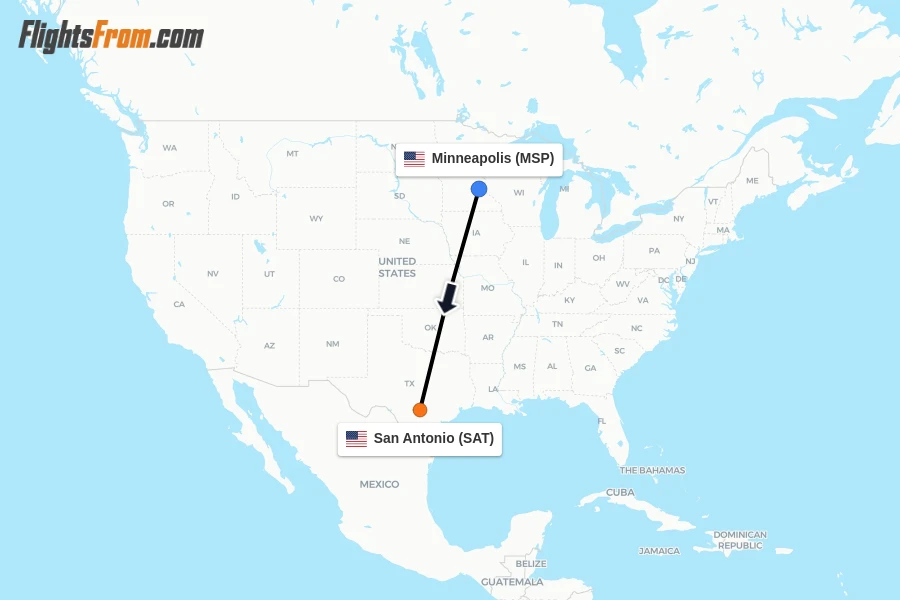 Flights from Minneapolis to San Antonio route map