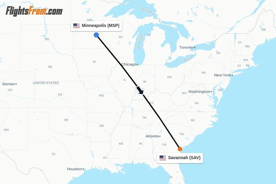 Flights from Minneapolis to Savannah route map