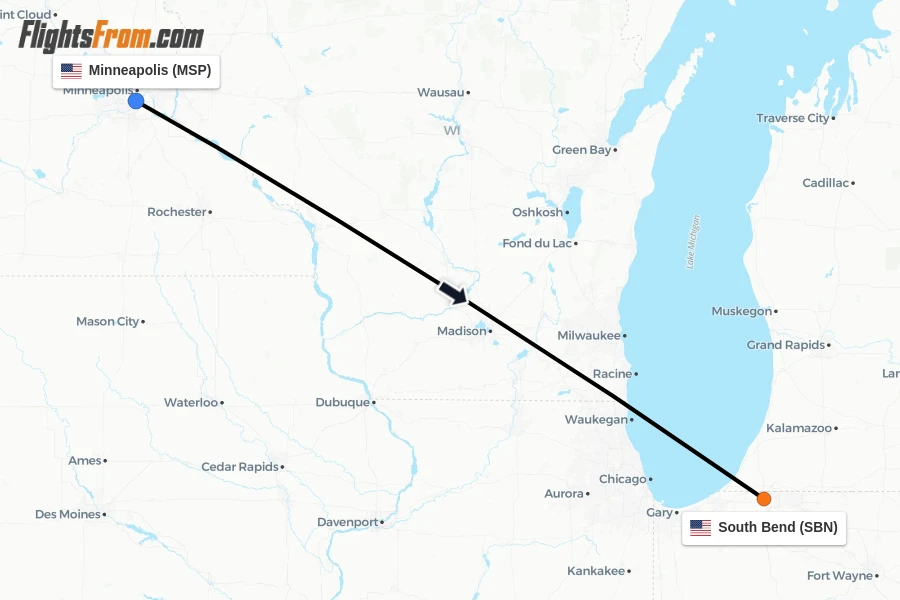 Flights from Minneapolis to South Bend route map