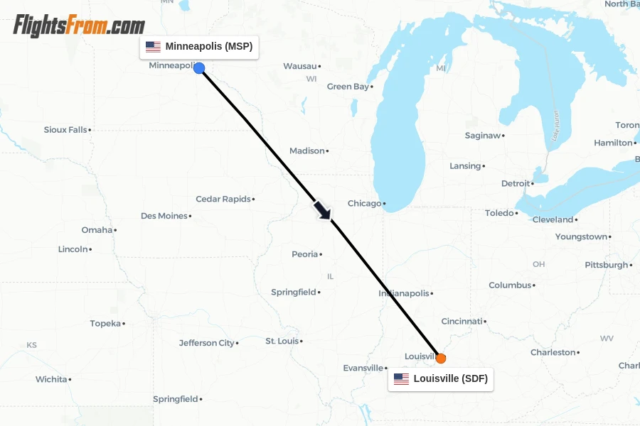 Flights from Minneapolis to Louisville route map