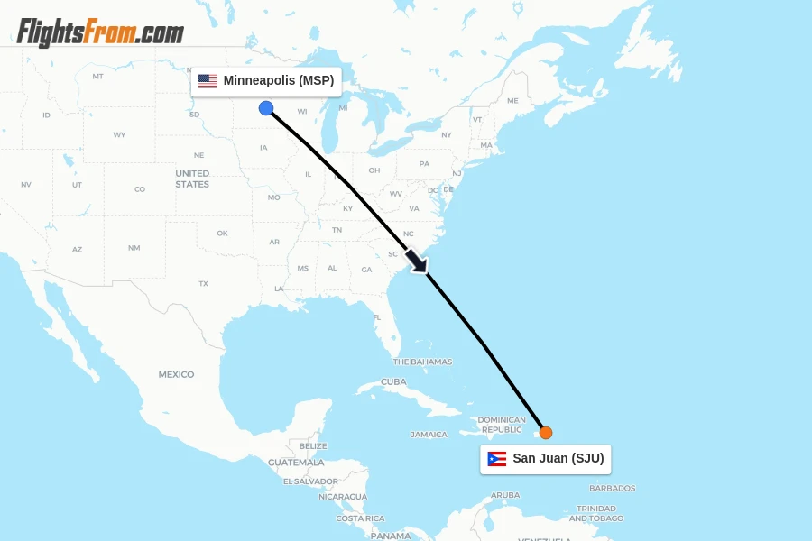 Flights from Minneapolis to San Juan route map