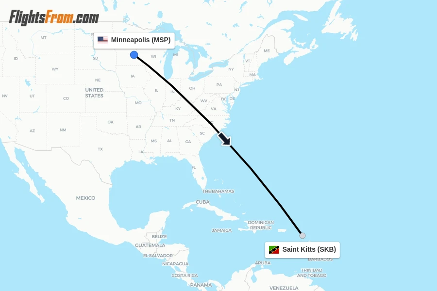 Flights from Minneapolis to Saint Kitts route map