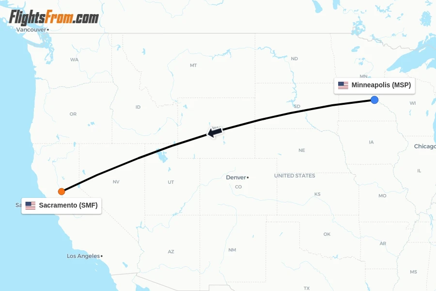 Flights from Minneapolis to Sacramento route map