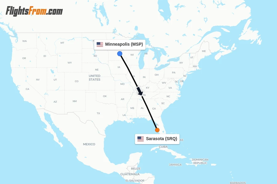 Flights from Minneapolis to Sarasota route map