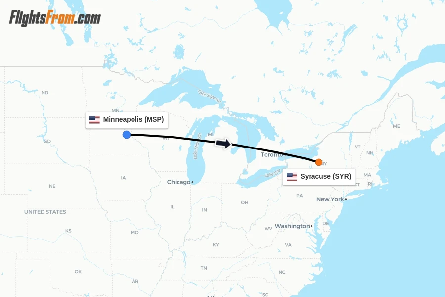 Flights from Minneapolis to Syracuse route map
