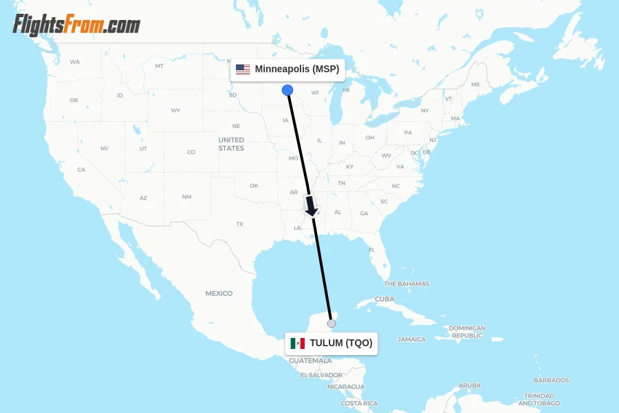 Flights from Minneapolis to TULUM route map