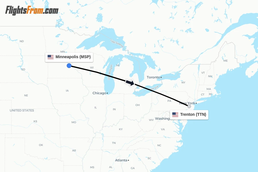 Flights from Minneapolis to Trenton route map