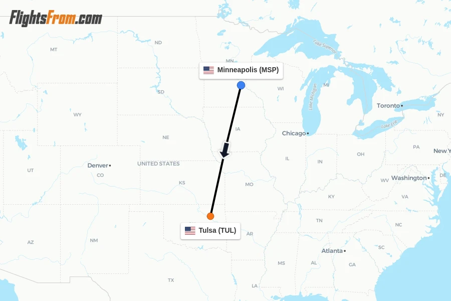 Flights from Minneapolis to Tulsa route map