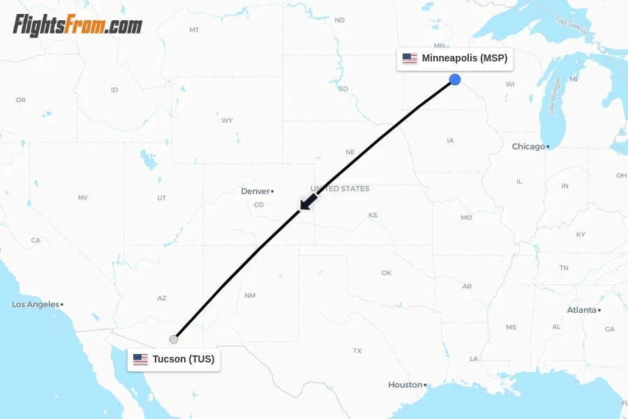 Flights from Minneapolis to Tucson route map