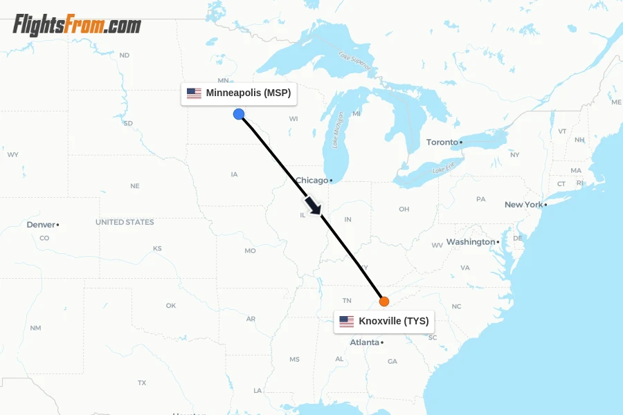 Flights from Minneapolis to Knoxville route map