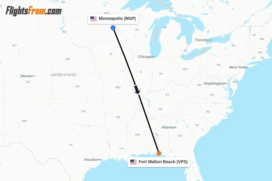 Flights from Minneapolis to Fort Walton Beach route map