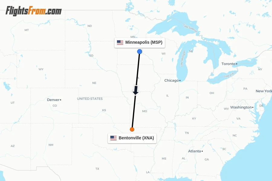Flights from Minneapolis to Bentonville route map