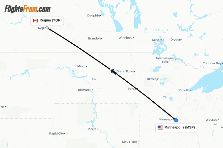 Flights from Minneapolis to Regina route map