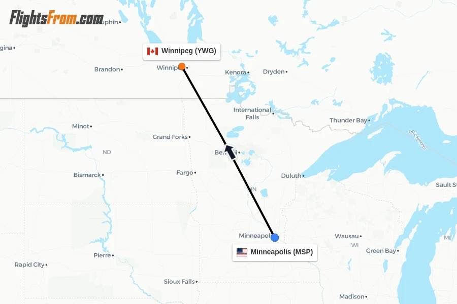 Flights from Minneapolis to Winnipeg route map