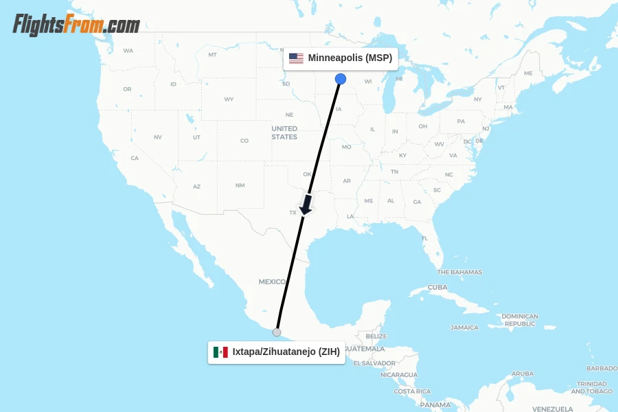 Flights from Minneapolis to Ixtapa/Zihuatanejo route map