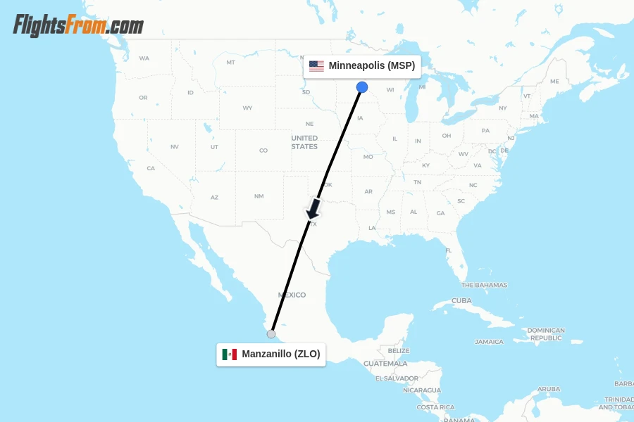 Flights from Minneapolis to Manzanillo route map