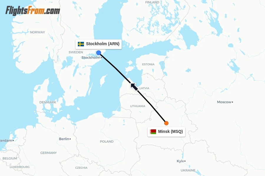 Flights from Minsk to Stockholm route map