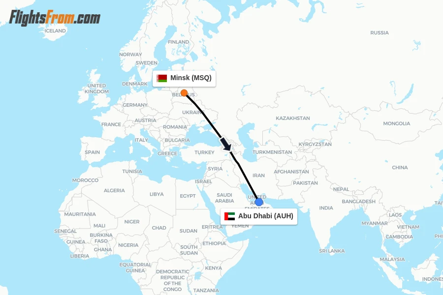 Flights from Minsk to Abu Dhabi route map