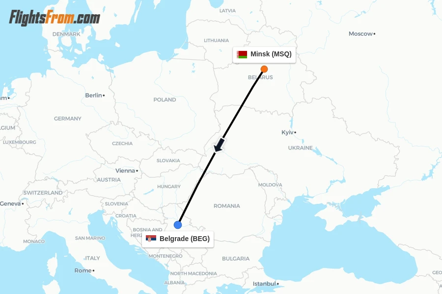 Flights from Minsk to Belgrade route map