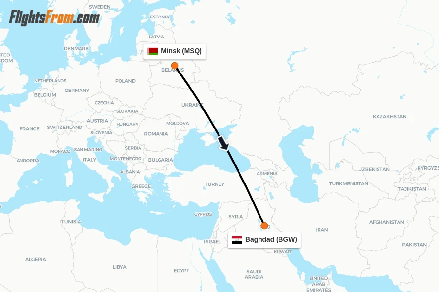Flights from Minsk to Baghdad route map