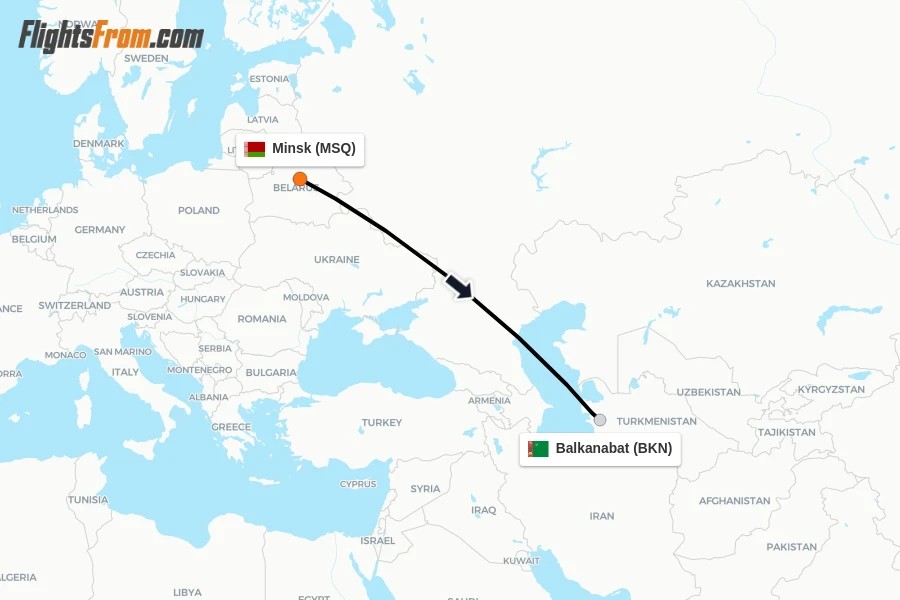 Flights from Minsk to Balkanabat route map