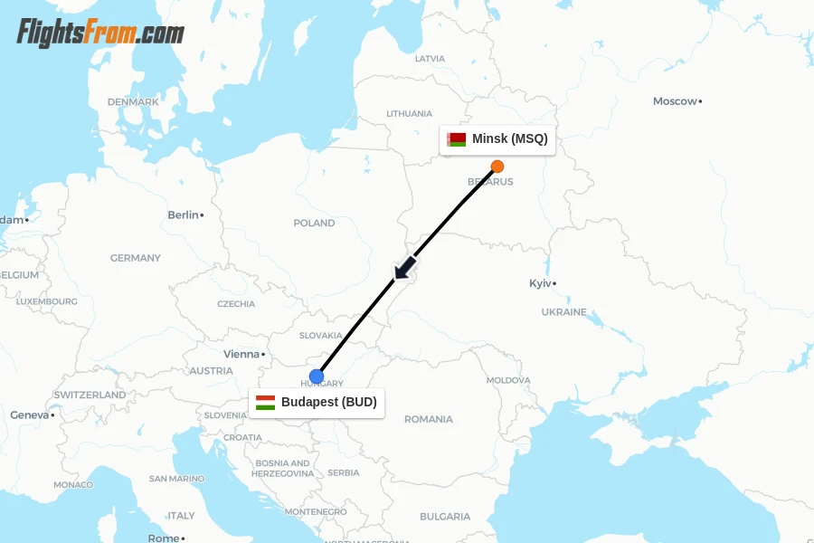 Flights from Minsk to Budapest route map