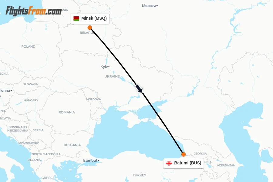 Flights from Minsk to Batumi route map