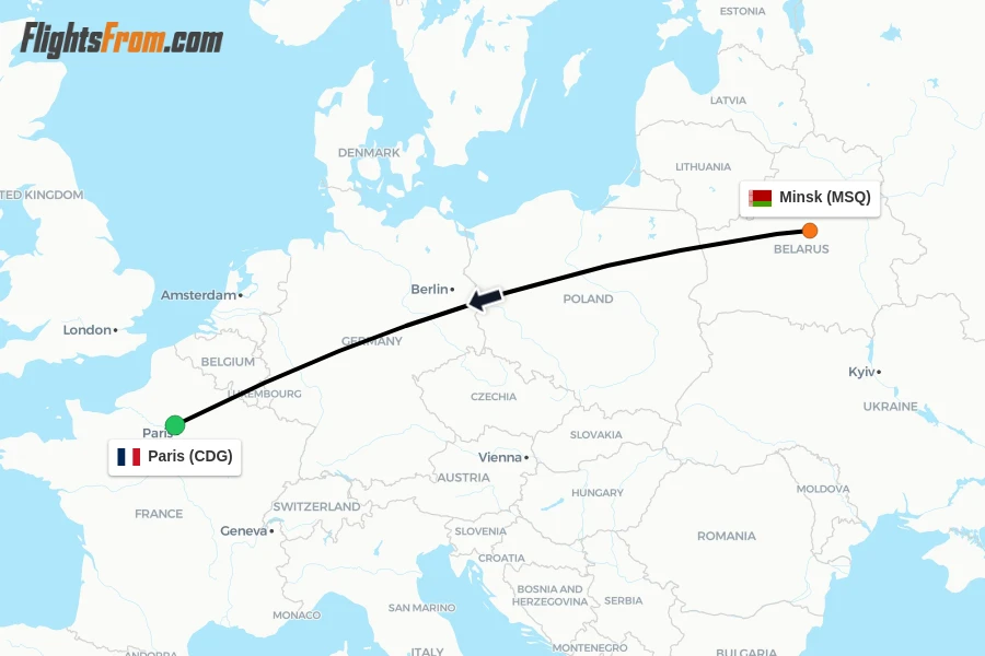 Flights from Minsk to Paris route map