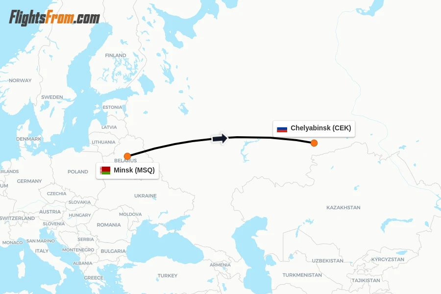 Flights from Minsk to Chelyabinsk route map